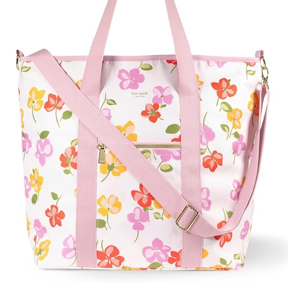 Kate Spade Cooler Tote Bag Spring Pansies Pink Pattern Zip Top 15.5 X 19.5 NWT